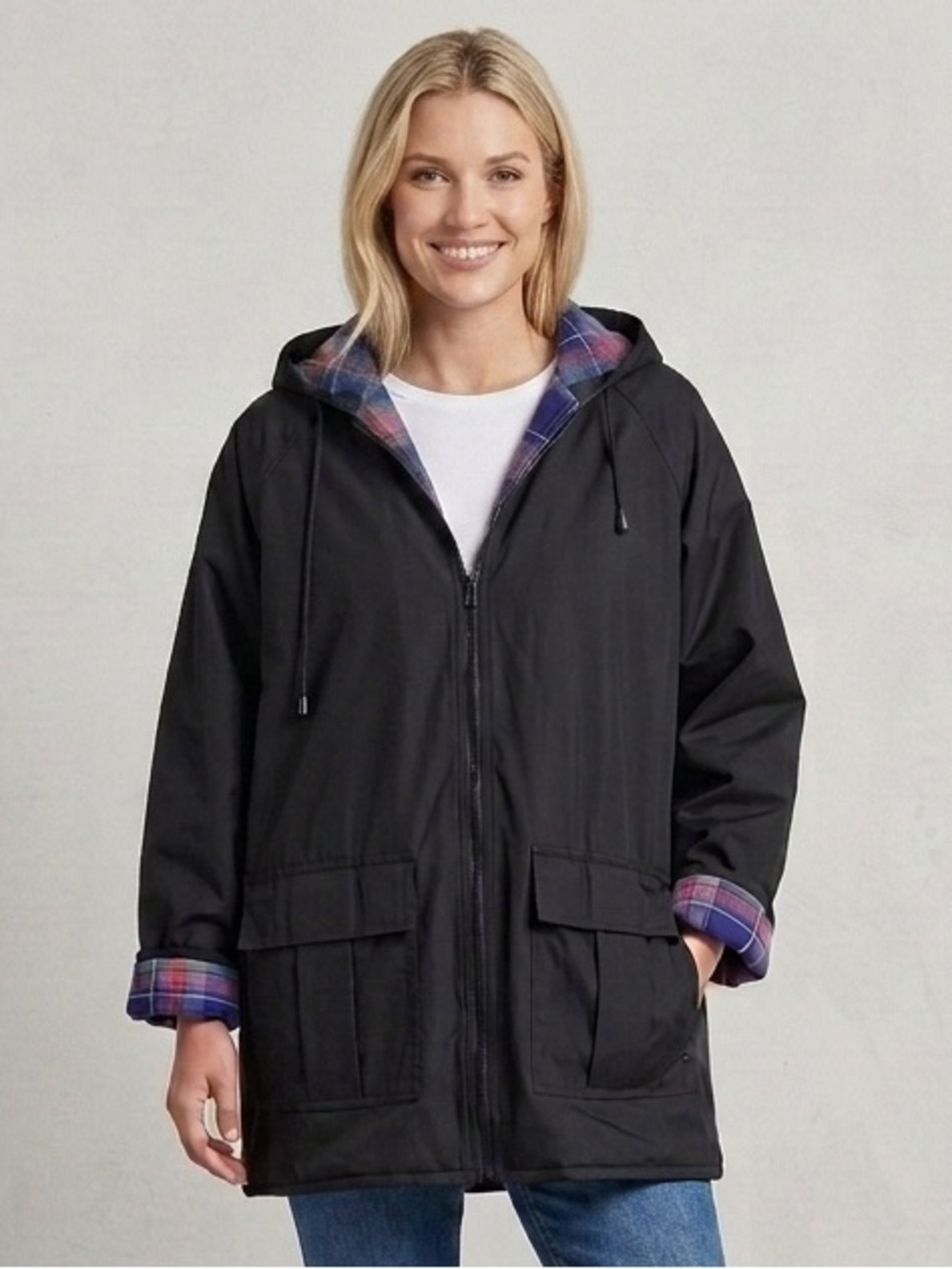 Misty Harbor Black Hooded Jacket with Plaid Lining Size Large